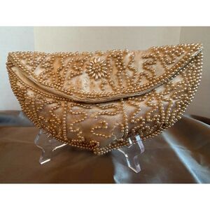Vintage 1950s Gold Satin Pearl Beaded Clutch Purse – Floral Motif Bridal Bag